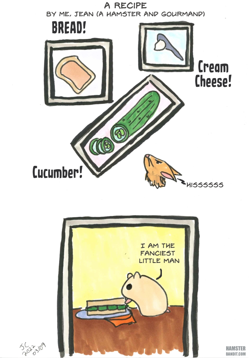 Comic. A list of ingredients of how to make a cucumber sandwich (with a cat hissing at the cucumber) and a hamster exulting how he is a fancy little man as he consumes it.