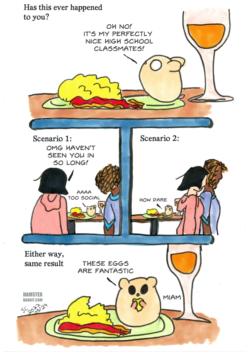 Comic. A hamster is socially anxious where both scenarios of his old classmates talking to him or ignoring him are unideal. In the end he concludes he likes scrambled eggs regardless of how things turn out.