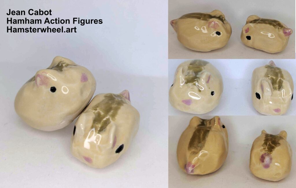 Various shots of two ceramic hamsters.